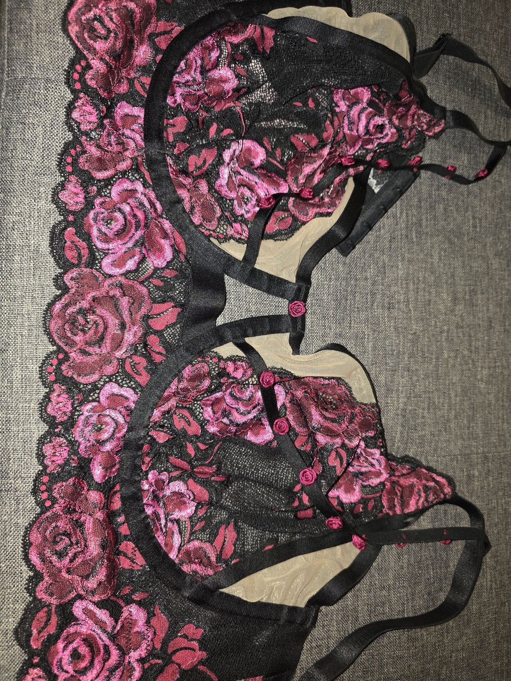 torrid Black Lace Bra with Hot Pink Rose Embroidery